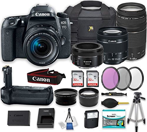 Canon EOS 77D DSLR Camera Bundle w/ Canon EF-S 18-55mm f/4-5.6 IS STM Lens + Canon EF 75-300mm f/4-5.6 III Lens + Canon 50mm f/1.8 STM Lens+ Battery Grip + Camera Starter Kit with Accessories