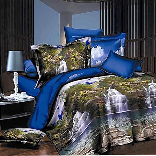 4PCS 3D Mountain Stream Bedding Set Polyester Fabric Comforter Sets Prints Duvet Cover Set Queen Size（1PC Bed sheet/1PC Comforter Cover/2 PCS Pillow Covers）