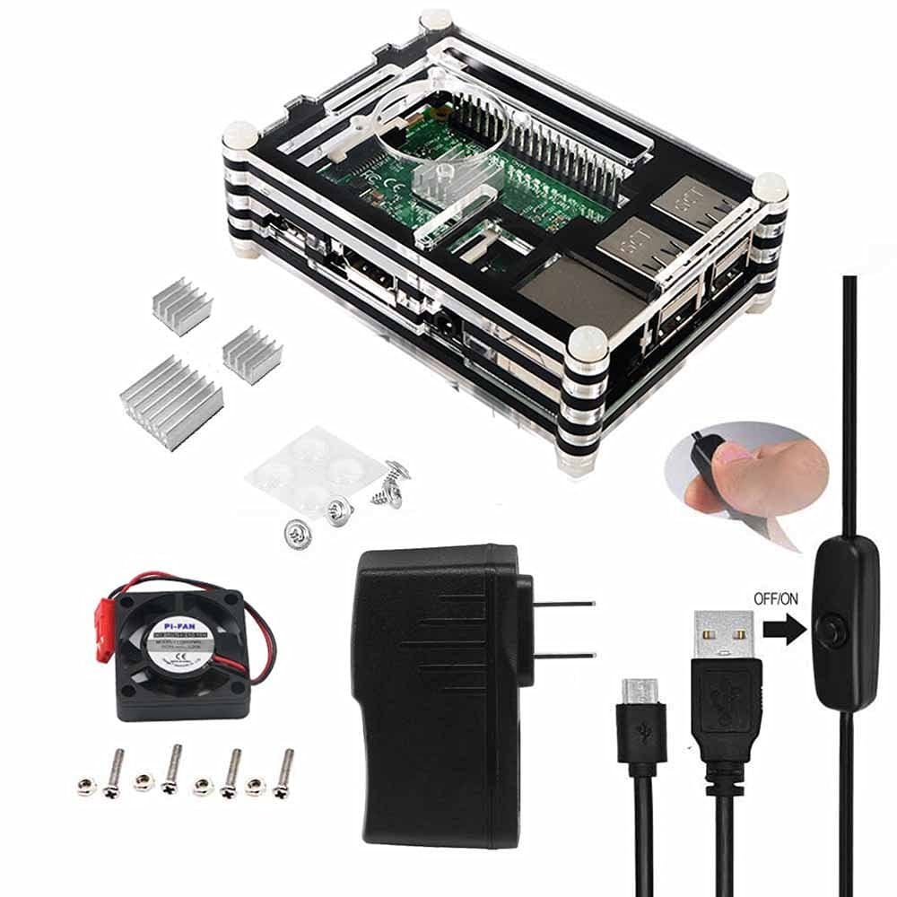 Smraza Raspberry Pi 4 Case, Acrylic Case with Cooling Blink Fan, 4PCS Heatsinks, 5V 3A Type-C Power Supply, Built in Fan with LED, Compatible with Raspberry Pi 4 Model B (Black and Clear)