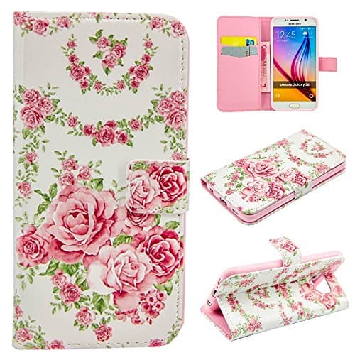 Ziotechnology Samsung Galaxy S6 Case Flip Magnetic Closure Stand Function Soft Silicone Bumper Premium PU Leather Protective Wallet Cover Skin Shell-Pink Rose Flowers