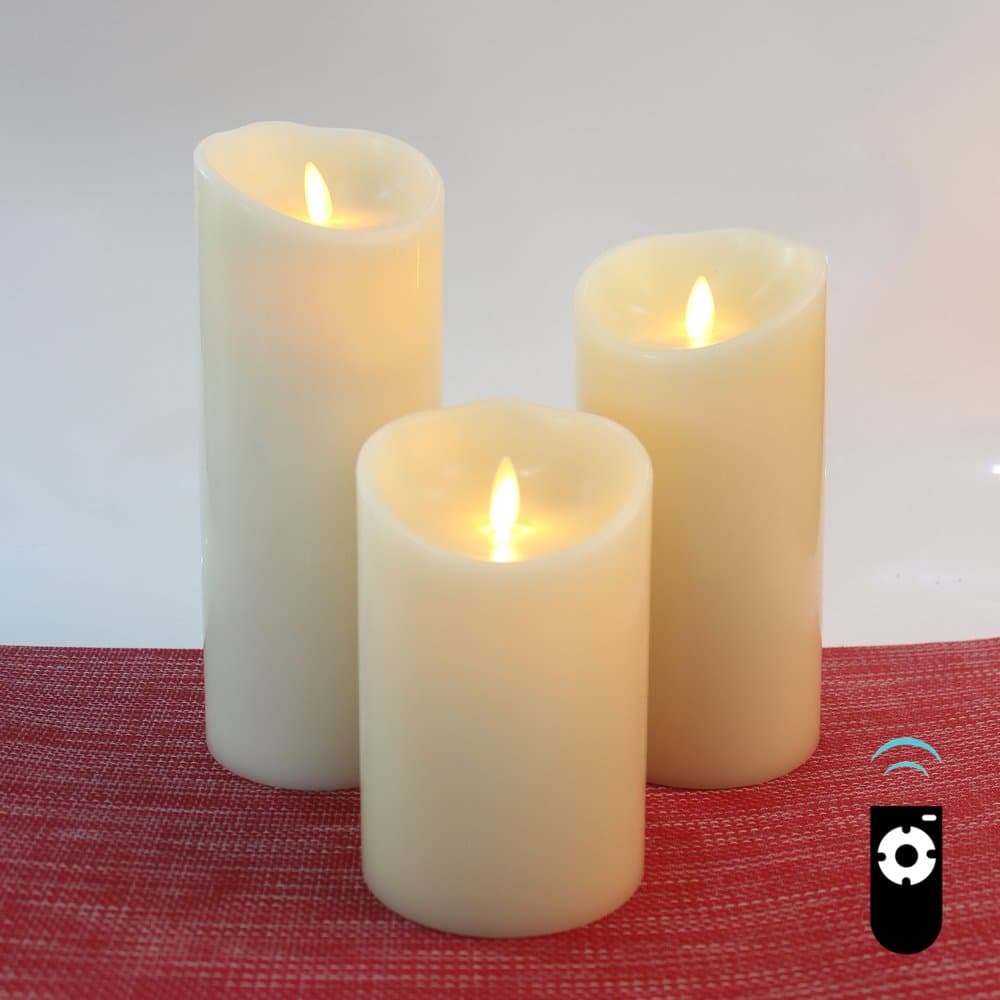 HueLiv LED Candles Set with Real-Flame Effect, Set of 3 Classic Paraffin Wax Pillar Candles, Vanilla Scented, Battery Operated with Timer, Free Remote Control, Ivory White, Set of 3 Pcs