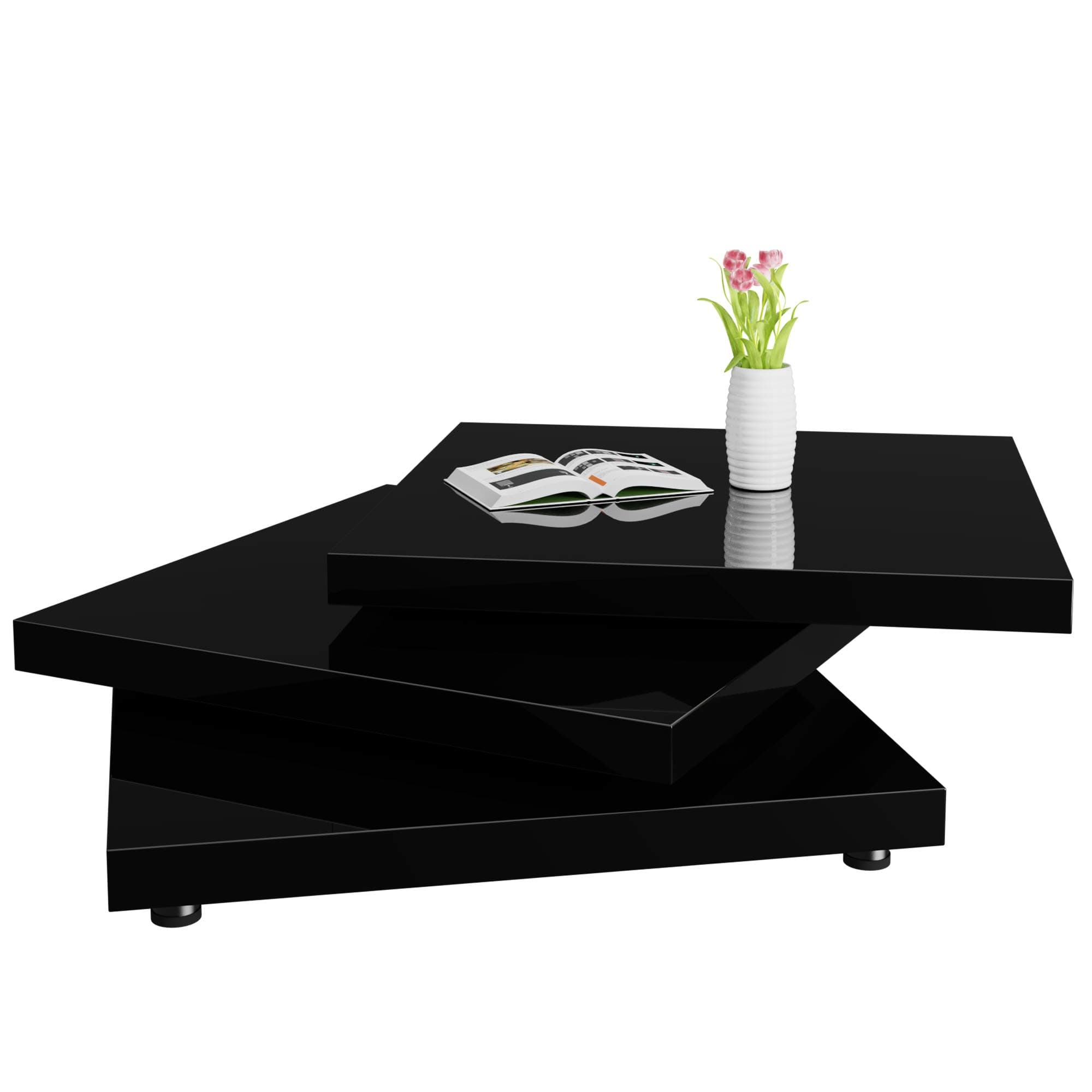 Deuba Coffee Table High Gloss Modern Black White 3 Tier Rotatable Rectangle Design Style Living Room Home Furniture Tea