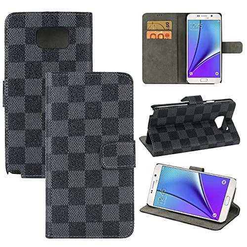 Galaxy Note 5 Case, SAFODO[Kickstand Feature] [Grid Pattern] Premium PU Leather Wallet Case Flip Cover for Samsung Galaxy Note 5, [Gray/Black]
