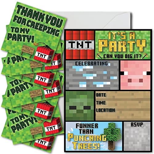 16 Mining Pixel Party Invitations, 16 Envelopes &amp; 16 Jumbo Thank You Stickers