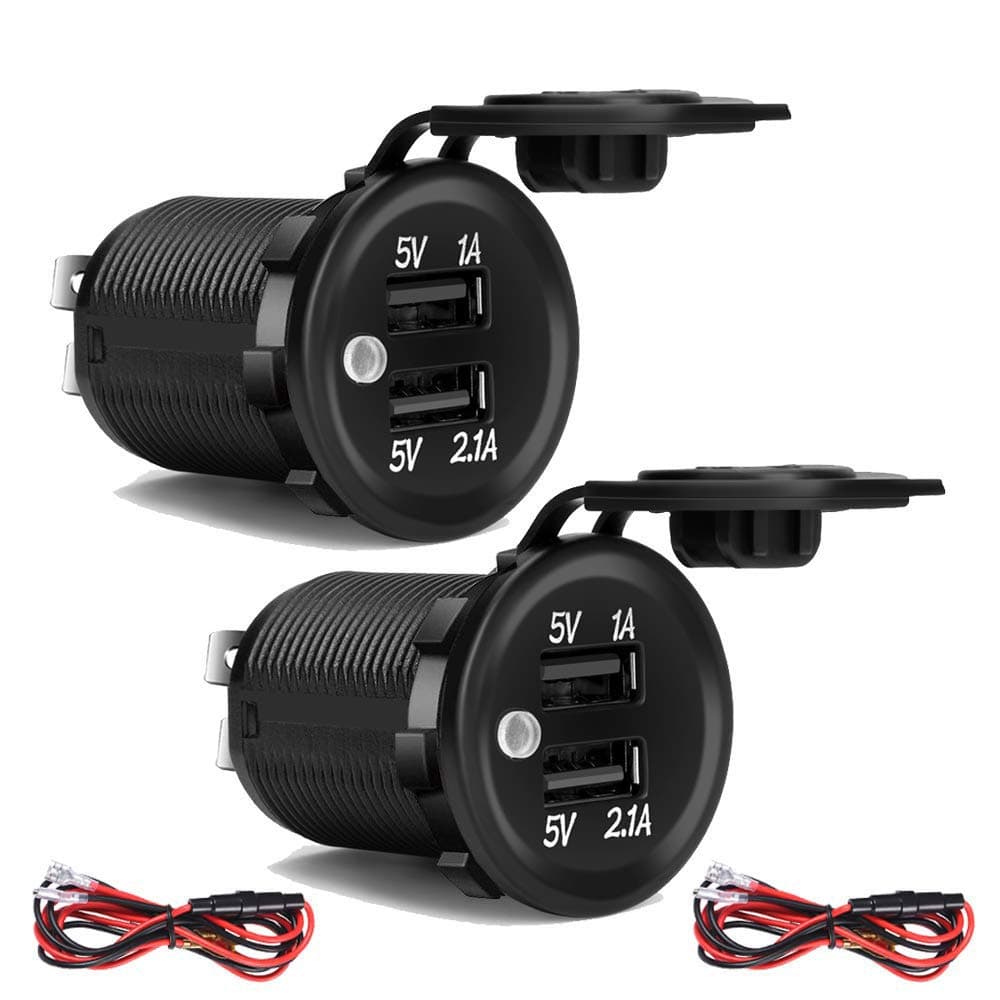2-pack USB Car Charger Socket, 12V 2A/1A Dual Waterproof Power Outlet Fast Charger, for Car Boat Marine Motorcycle, with Wire Fuse DIY Kit by ZHSMS