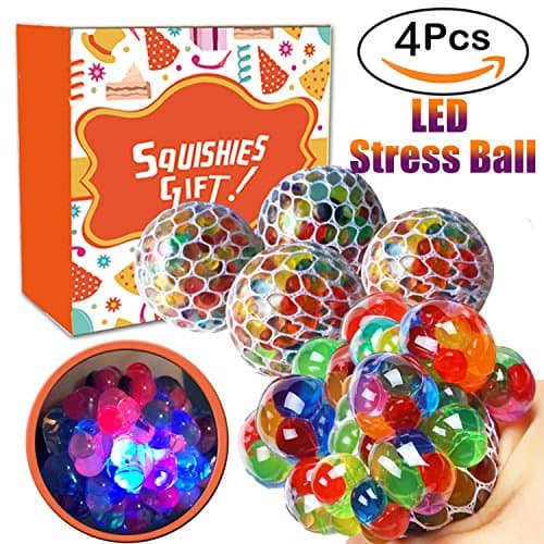 Mesh LED Stress Squishy Balls - Marmoon 4 Pack Rubber Multicolor Vent Toy Grape Ball Stress Relief Squeeze Toys Ideal for Relieve Tension, Anxiety, ADHD for Office Adults Boys Girl - 3 Inches