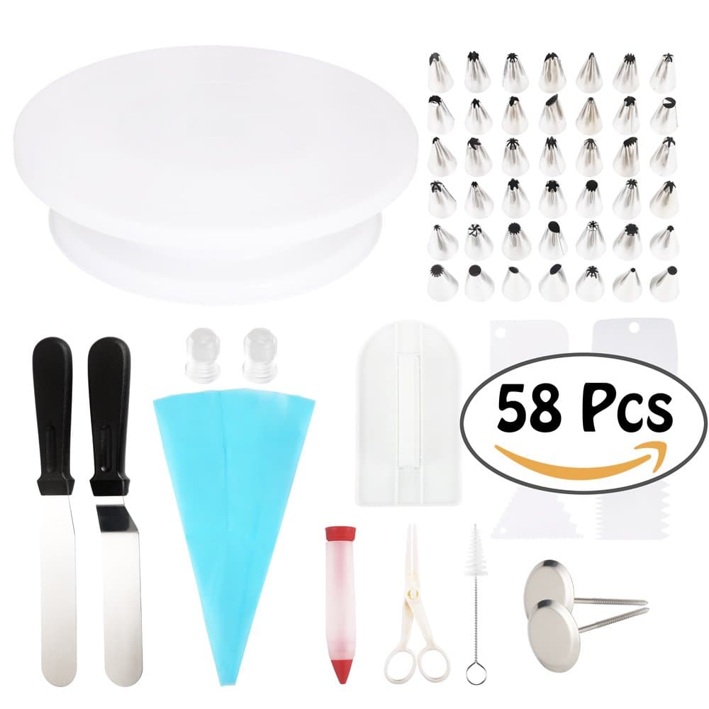 Cake Decorating Supplies 58pcs Kit - 42 Icing Tips, 1 Cake Turntable, 1 Pastry Bag, 2 Couplers, 2 Spatulas, 2 Flower Nails, 1 Flower Lifter, 1 Brush, 1 Cake Pen, 1 Fondant Smoother, 4 Cake Scrapers