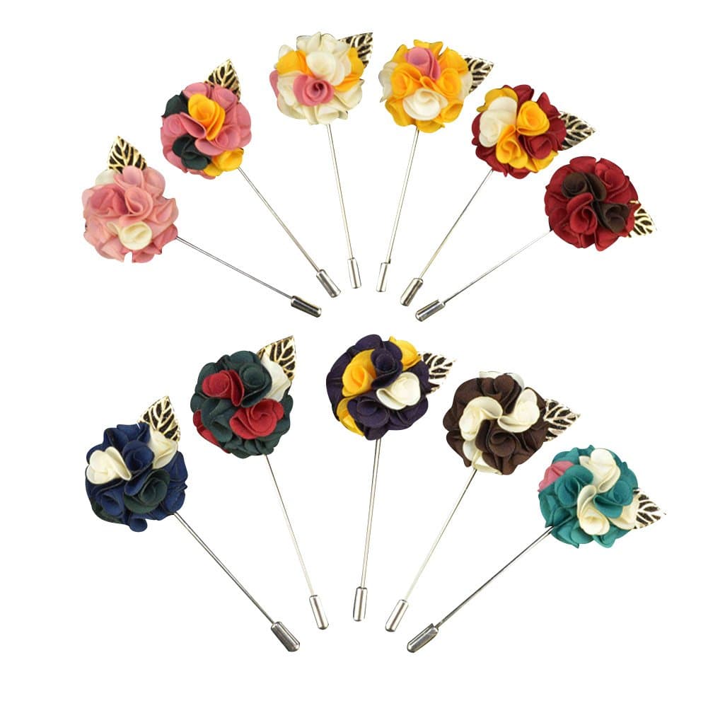 Soleebee YM037 Mixed Random Multicolor Gold Leaf Lapel Flower Pin Set Men's Boutonniere Pin for Suit (Pack of 9)