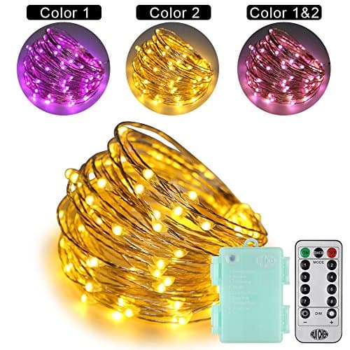 RUICHEN String Lights Battery Powered 33Ft 100 LED Color Changing Decorative Fairy Lights 8 Modes Dimmable Waterproof Chirstmas Silver Wire Light with Remote for Outdoor Garden(Purple&Warm White)