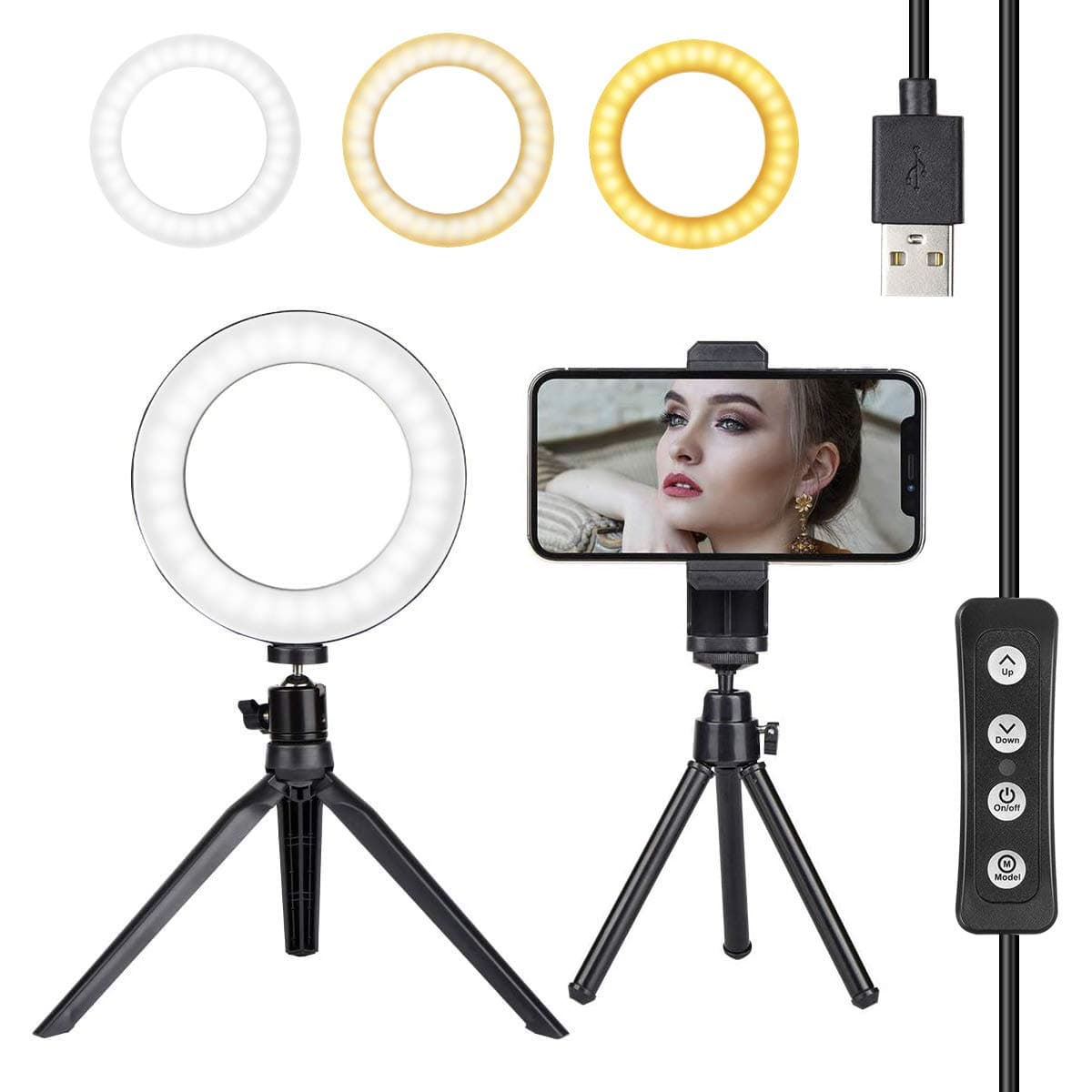 LED Ring Light 6" with Tripod Stand & Cell Phone Holder for Live Stream/Makeup, Lomoo Dimmable Desktop Led Camera Ringlight with 3 Light Modes & 10 Brightness Level for YouTube Video/Photography (6")