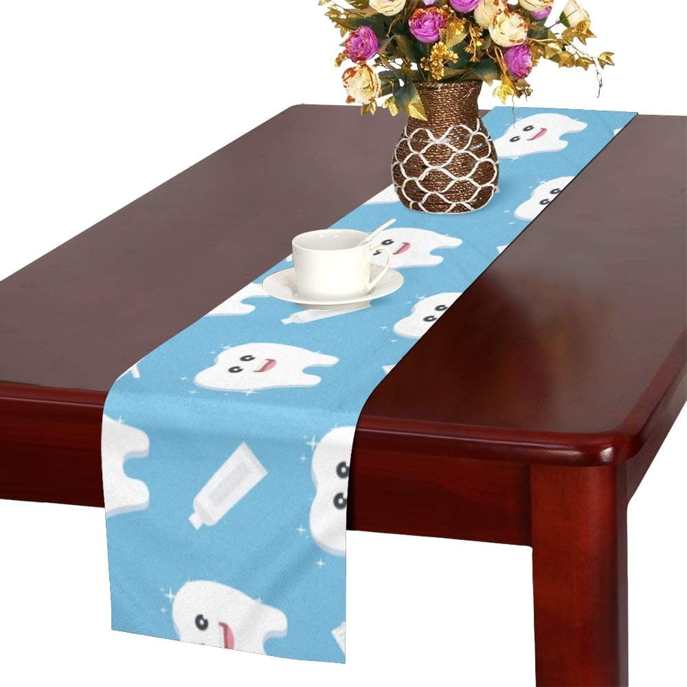 WHIOFE Tooth Cartoon Animation Hand Drawn Table Runner, Kitchen Dining Table Runner 16 X 72 Inch for Dinner Parties, Events, Decor