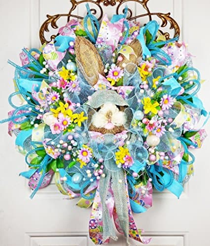 Handmade Easter Bunny Deco Mesh Grapevine Egg Wreath - Spring Easter Wreath - Easter Rabbit Wreath - Easter Bunny Deco Mesh Door Wreath - Easter