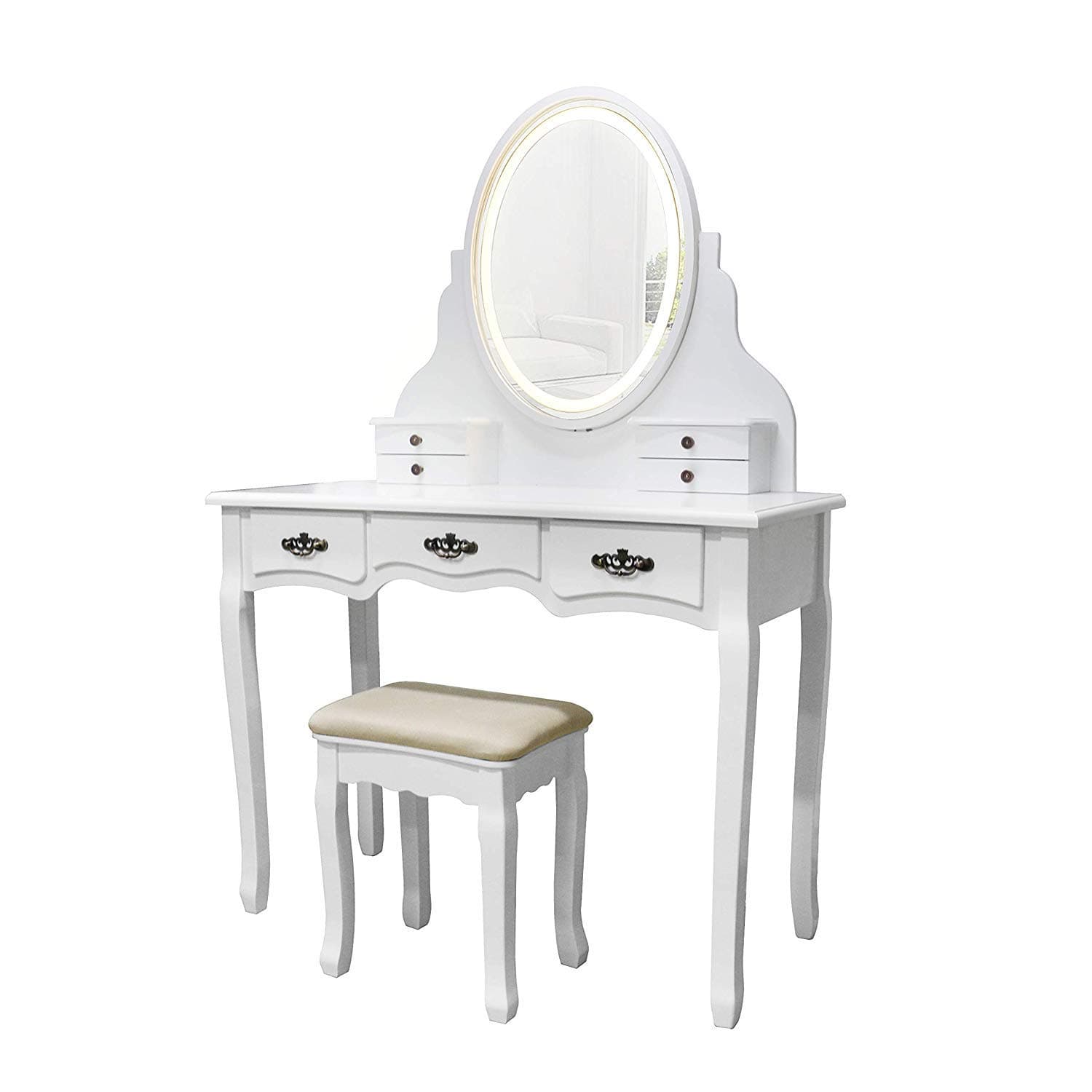YOUKE Vanity Set,Oval Single Mirror Dressing Table with LED Light and USB Port,7 Drwers,Cushioned Stool for Girl and Lady, White