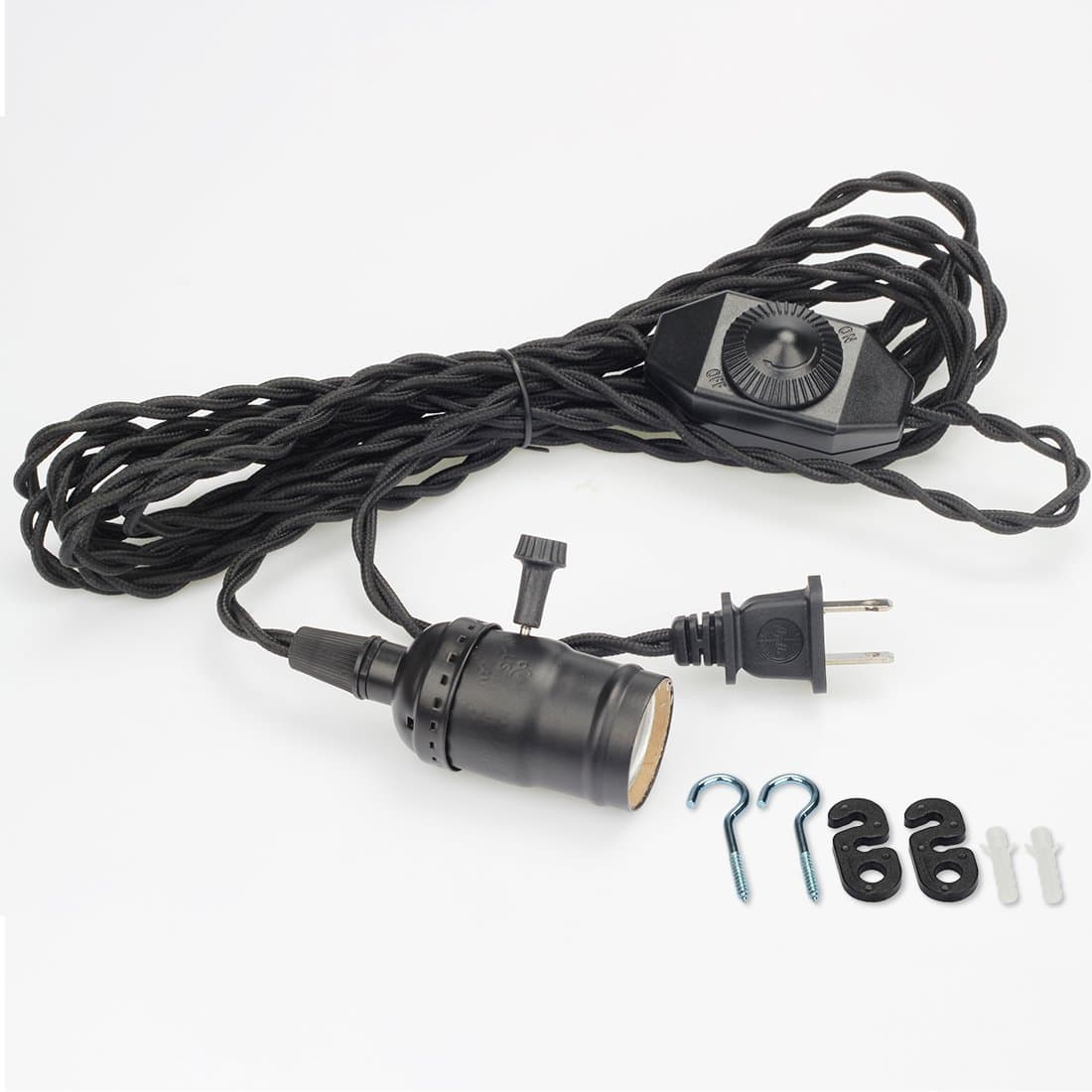 Pendant Light Socket, Plug in Pendant Light Kit with Dimmer Switch and Fabric Cloth Light Cord, Vintage Black Single Edison Lamp Socket, Bulb Cable for Swag Hanging Lamp Fixture, by Supmart