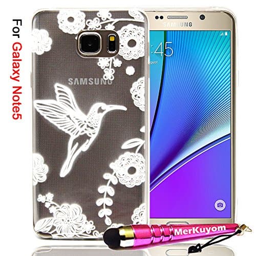 Galaxy Note 5 Case, Note5 Case , MerKuyom [White Fly Bird Flower] [Clear Transparent] [Flexible Gel] Ultra-Thin Soft TPU Case Skin Cover For Samsung Galaxy Note 5 Note5 N920,+Stylus
