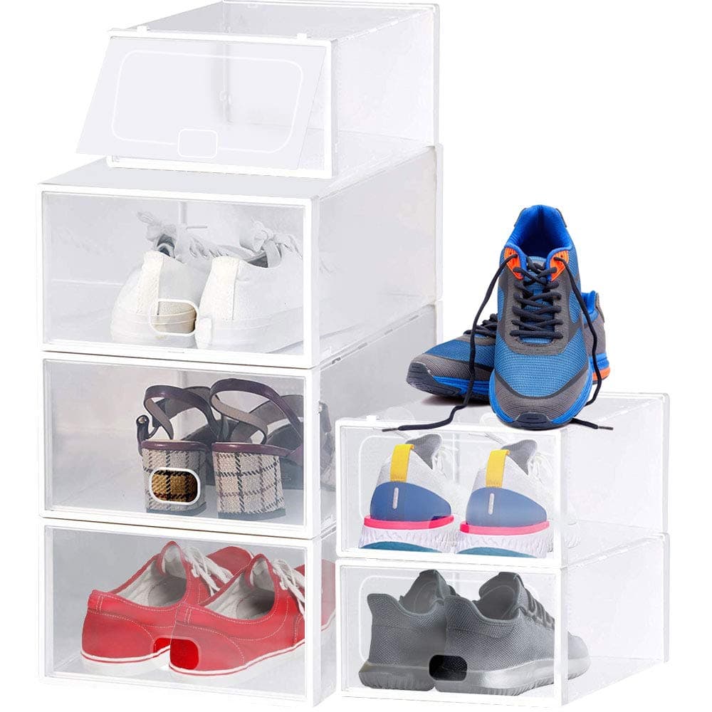 EMAGEREN 6 Pieces Shoe Storage Boxes Stackable Transparent Clear Plastic Foldable Organiser Box Shoe Holder Multifunction Storage Containers for Ladies and Men(2 Sizes/White)