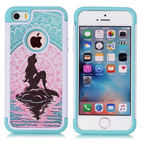 Iphone SE Case, Iphone 5S Case, Mermaid with Moon Mandala Pattern Shock-Absorption Hard PC and Inner Silicone Hybrid Dual Layer Armor Defender Protective Case Cover for Apple iphone 5 5S and iphone SE