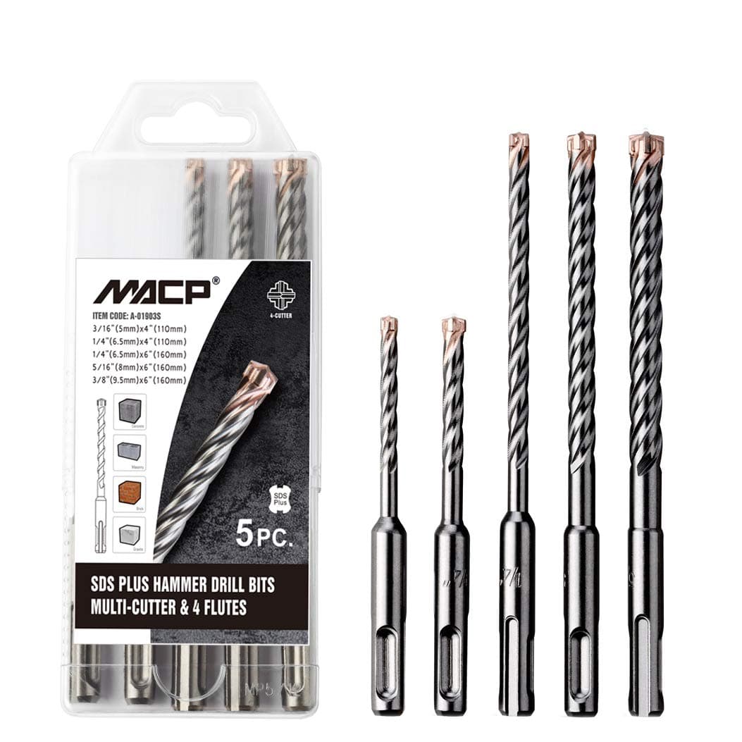 SDS-Plus Hammer Drill Bit Set, 4-Cutters Carbide Tips SDS+ Rotary Drill Bits for Concrete with Rebars, Marble, Brick, Block, 5pieces