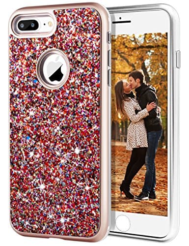 iPhone 7 Plus Case iPhone 8 Plus Case, DODOTECH Bling Case Shockproof Dual Layer Glitter Case [Hard PC Back + Soft TPU Inner] Protective Sparkly Cover iPhone 7 Plus/8 Plus for Girl Woman-Red Sequins