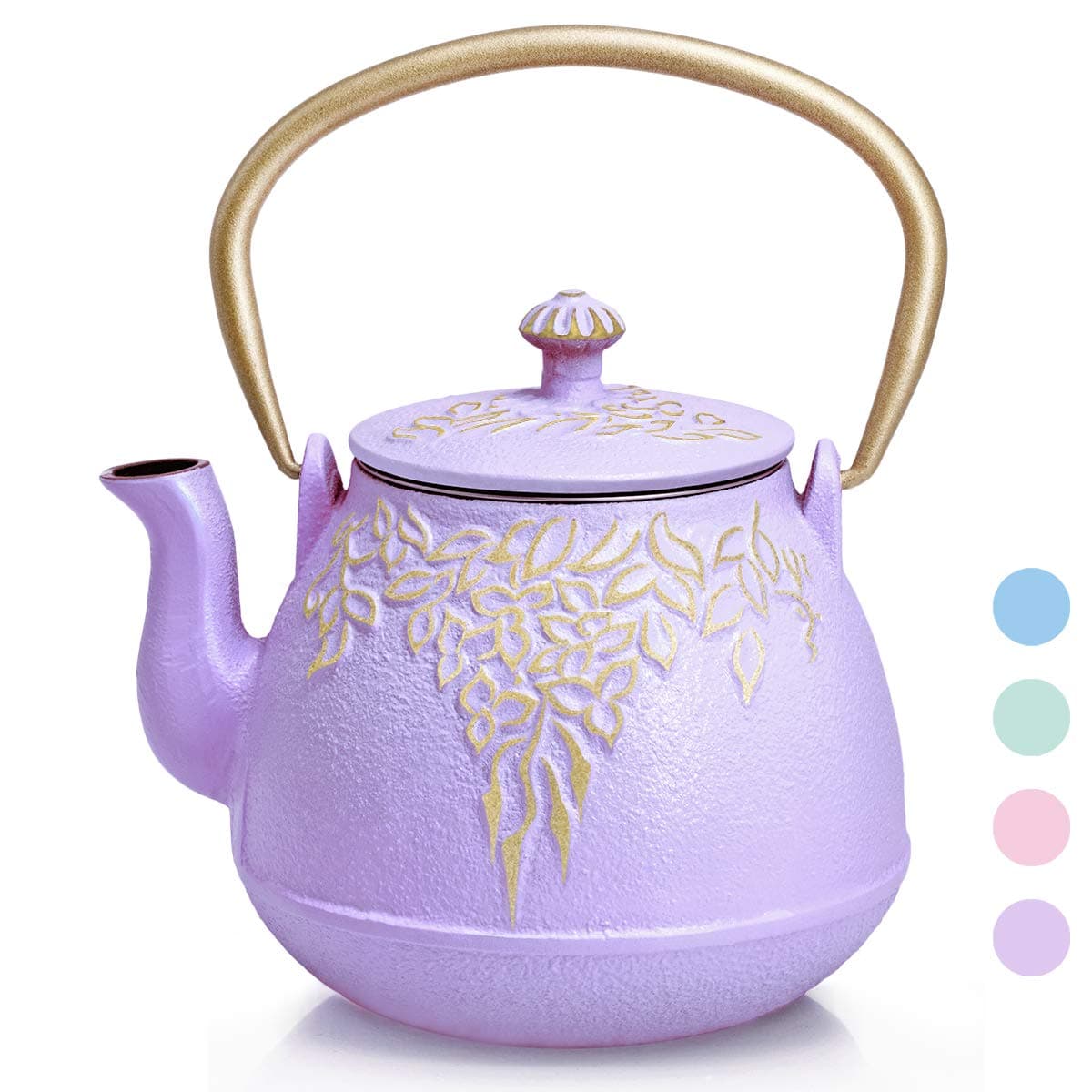 Cast Iron Teapot,Tea kettle cast iron,Tea pot with infusers for loose tea,Leaf Design Teapots Coated with Enameled Interior for 32 Ounce-Purple Rose
