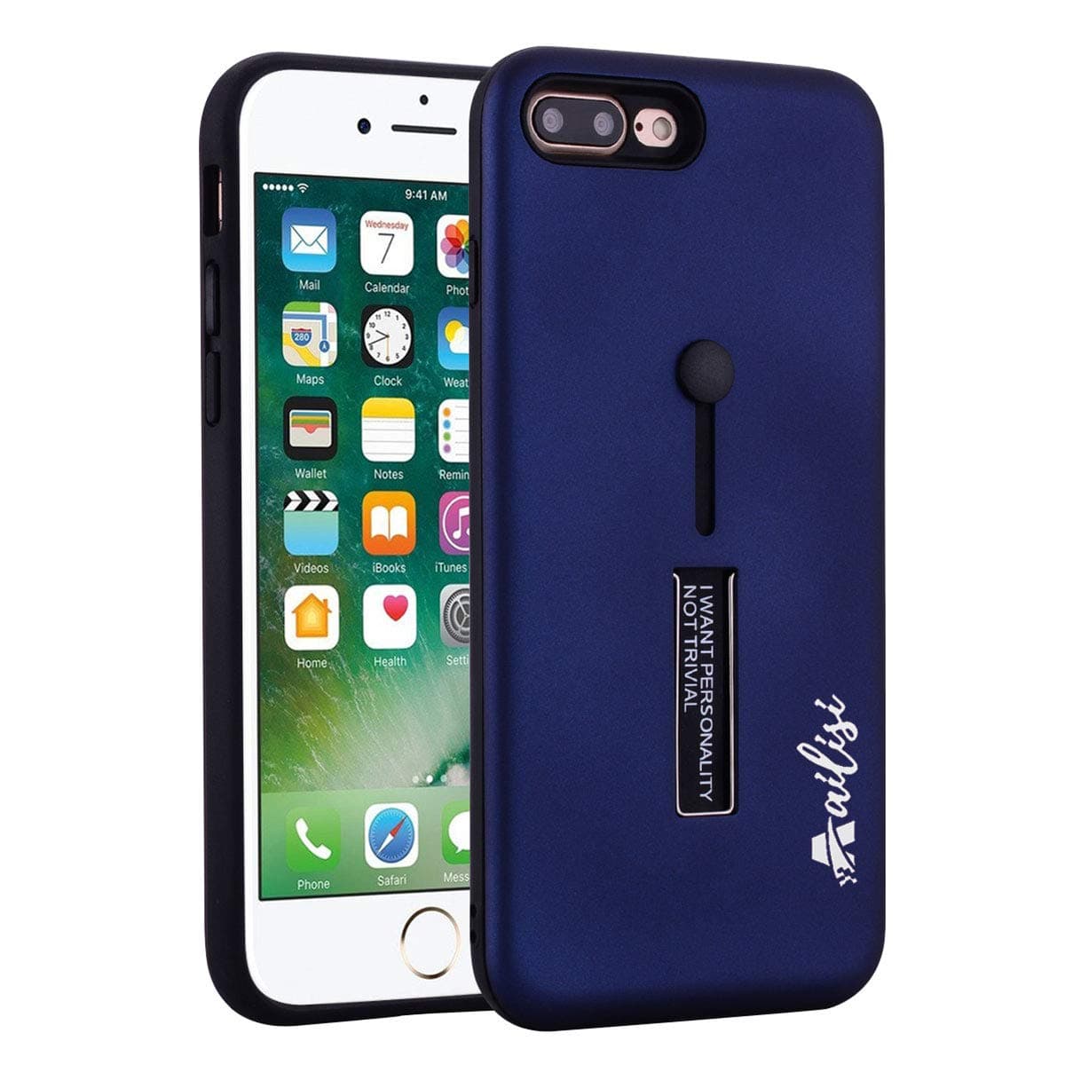 iPhone 7 Plus/8 Plus Case, Ailisi Slim Shockproof Protective Phone Case, Dual Layer Protection Cover with Multifunctional Silicone Elastic Finger Ring Strap and Metal Holder Kickstand(Blue)