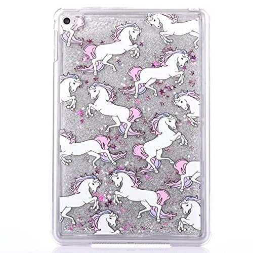 Liquid Case for Apple iPad Mini4,Creative Design Cartoon Painted Glitter Shiny Quicksand Stars Transparent Plastic Case for Apple iPad Mini 4 (Purple Horse)