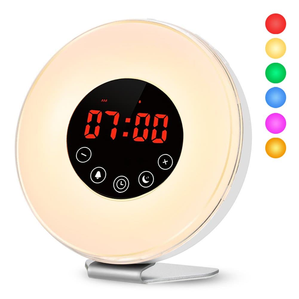 WEIHAO Alarm Clock, Wake Up Light with Sunrise Sunset Simulator 7 Changeable Colors Bedside Lamp Touch Control LED Display Night Light With FM Radio 6 Nature Sounds and Snooze Function