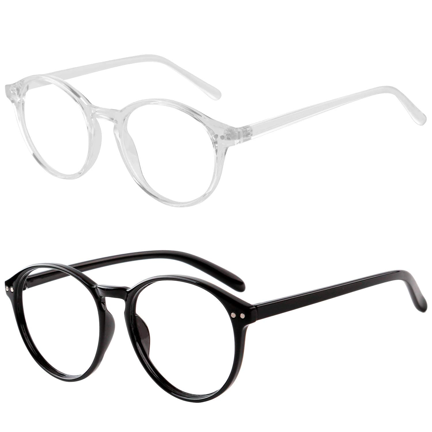 Elimoons 2 Pack Blue Light Blocking Glasses Round Stylish HD Clear Lens Glasses, PC Gaming Computer TV Gogy Glasses, Anti Eyestrain/Glare/Headache Eyeglasses for Women Men (Black/Transparent)