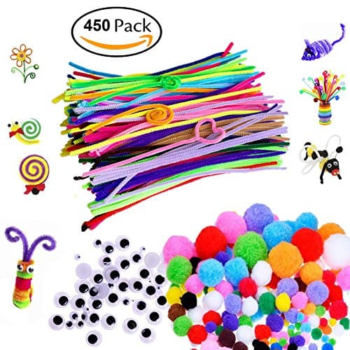 Willcomes Creative 450 Pieces Pipe Cleaners Set, Including 200 Pcs Pom Poms, 150 Pcs Self-sticking Wiggle Googly Eyes and 100 Pcs Chenille Stems for Craft and Hobby Supplies