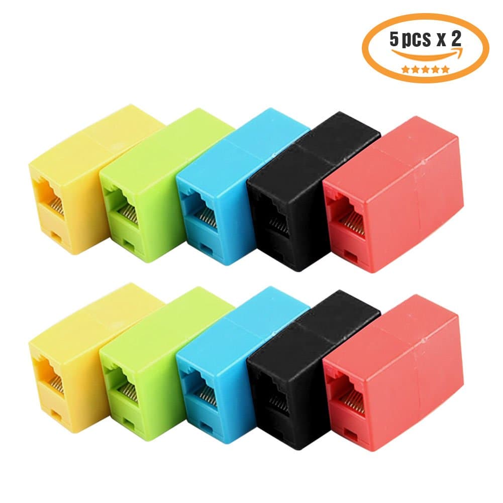 LAN Coupler RJ45 8P8C Modular Network Inline Ethernet Latch Female Coupler (5pcs X 2) 10P - Red/Yellow/Green/Blue/Black