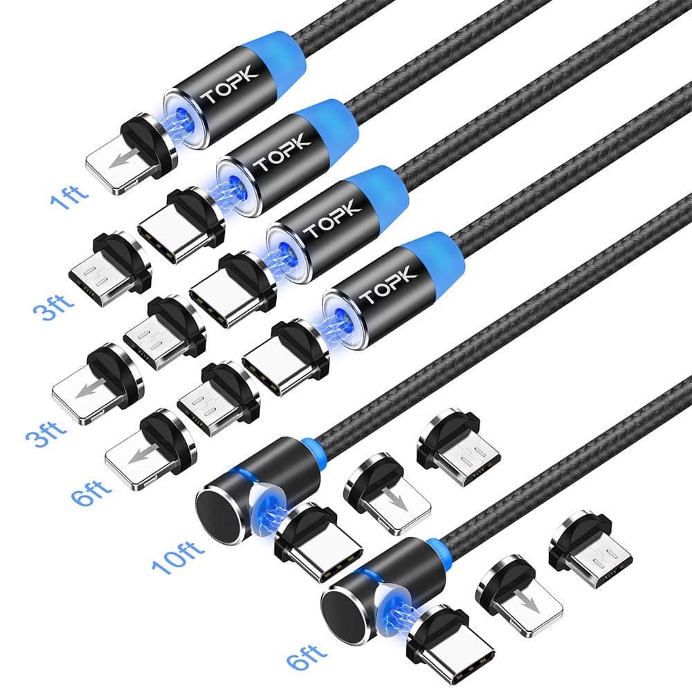 TOPK Magnetic Charging Cable,(6-Pack,1ft/3ft/3ft/6ft/6ft/10ft) Magnetic Phone Charger,3-in-1 USB Magnetic Cable Compatible with Micro USB,Type C and iProducts(Black)