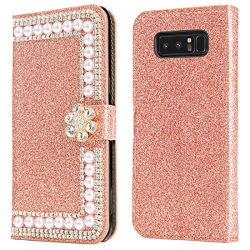Samsung Galaxy Note 8 Case, Diamond Bling Shiny Shining [Extremely Sparkly] Luxury Jewel Crystal Girls Women Case Leather Wallet Flip Kickstand Case for Galaxy Note 8 (Flower-Orange)