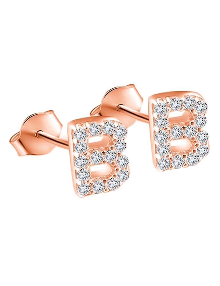 925 Sterling Silver Tiny Initial Earring Studs Rose Gold Plated Letter B