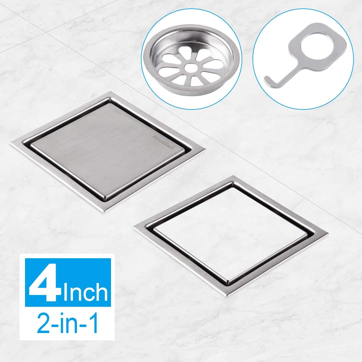 MornSail Shower Drain Strainers, 4 Inch Tile Insert Square Shower Floor Drain with Lifting Hook for Bathroom Kitchen Hotel, Brushed SUS 304 Stainless Steel Finish