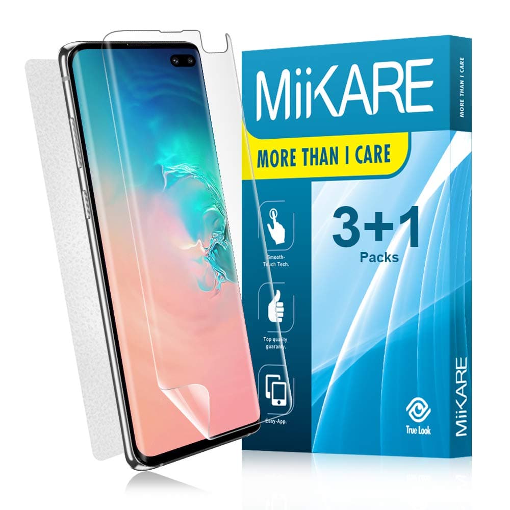 MiiKARE for Galaxy S10 Plus Screen Protector Wet-Applied Case Friendly 3-Pack Transparent Bubble Free HD Clear Screen Protector Film No-Lifting & 1-Pack Back Skin Compatible With Galaxy S10+