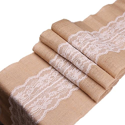Coroler Handmade Burlap White Lace Table Runner Jute Rustic Western Country for Wedding Kitchen Party Farmhouse Decoration