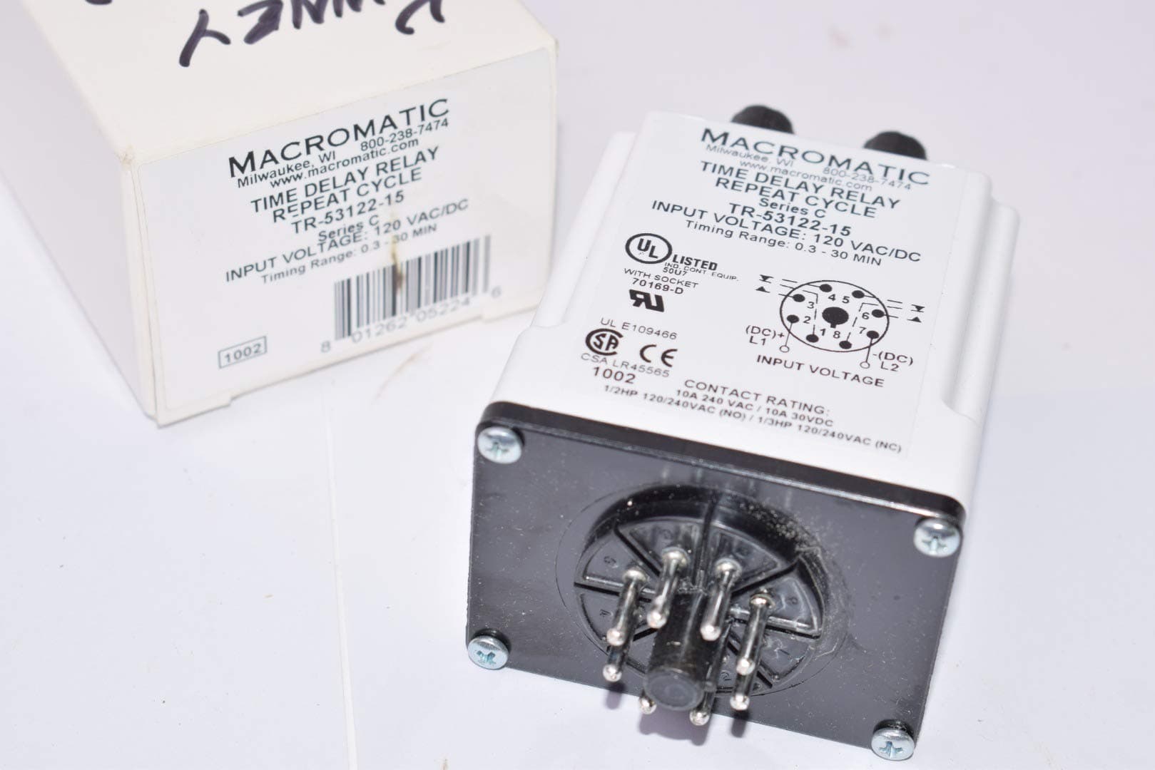 MACROMATIC TR-53122-15 DELAY TIME Range: 0.3MIN to 30MIN, Contact Configuration: DPDT, 30MIN, DPDT, NOM Input Voltage:120V, Timing Adjustment: KNOB, 120VAC/DC, TIME DELAY Relay