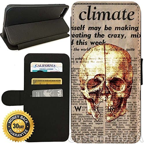 Flip Wallet Case for iPhone 7 (Leonardo Da Vinci Skulls Newspaper) with Adjustable Stand and 3 Card Holders | Shock Protection | Lightweight | by Innosub