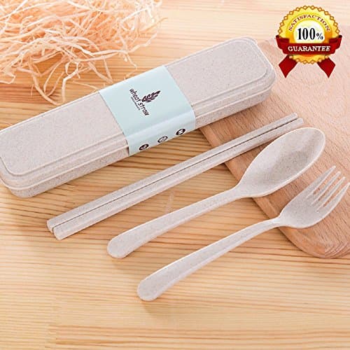 Top Rated QG 2 Sets Creative Tableware - Fork, Spoon and Chopsticks Made by Wheat Straw - Environment Friendly, Safe to Use and Very Suitable for Camping, Picnic and Travel. (2 Set Beige)