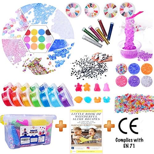 Little Hands Deluxe DIY Slime Making Kit; CE certified; includes 21 recipes e-book, for kids and adults - 600g (21oz) clear and stretchy slime with plenty of ingredients, charms, beads - make your own fluffy, fruit, floam or crunchy slime