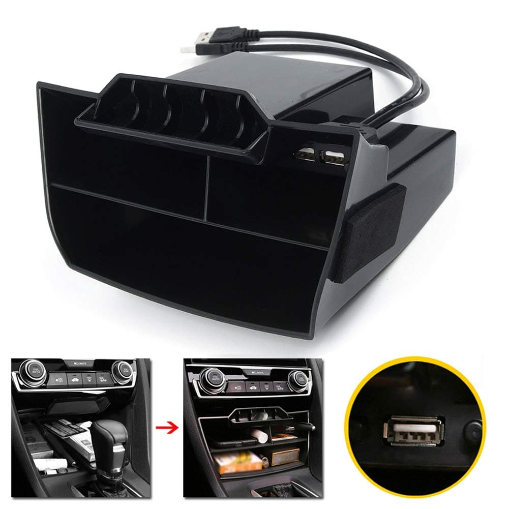HNOOSTER Car ABS Inner Console Central Storage Box USB Port Multifunction Storage Box Phone Tray Accessory For Honda Civic 2016-2019