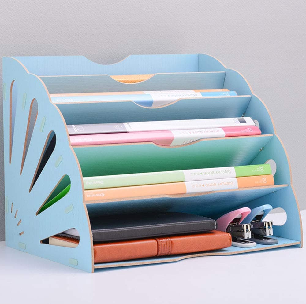 Elwow Multi-Layer Office File Storage Mail Finishing Rack Basket Magazine A4 Document Desktop File Storage Rack Tray Holder Organiser with Wooden Material (Blue)