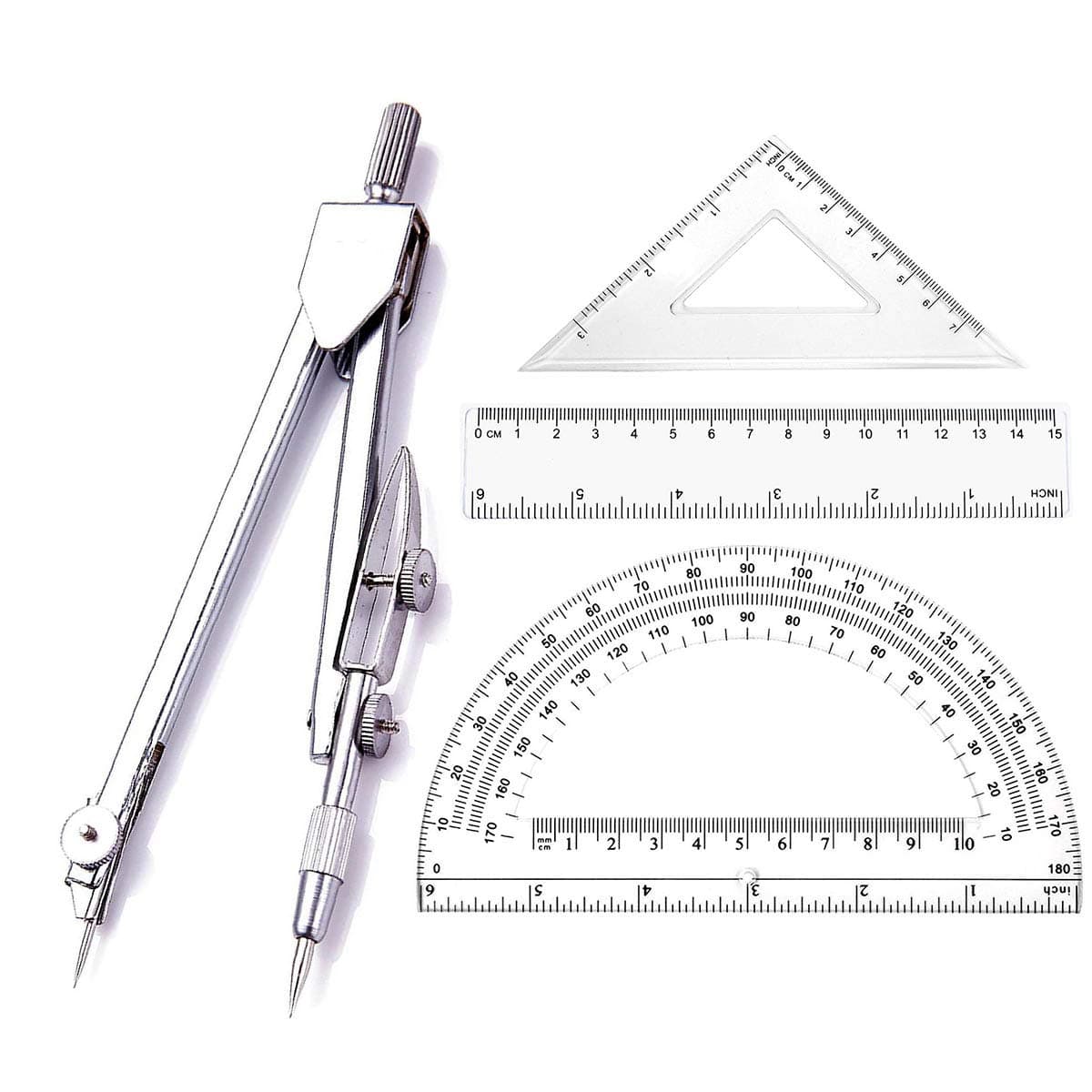 Geometry School Set,with Quality Compass, Drawing Compass,Protractor, Set Squares, (Silver, 4 pcs)
