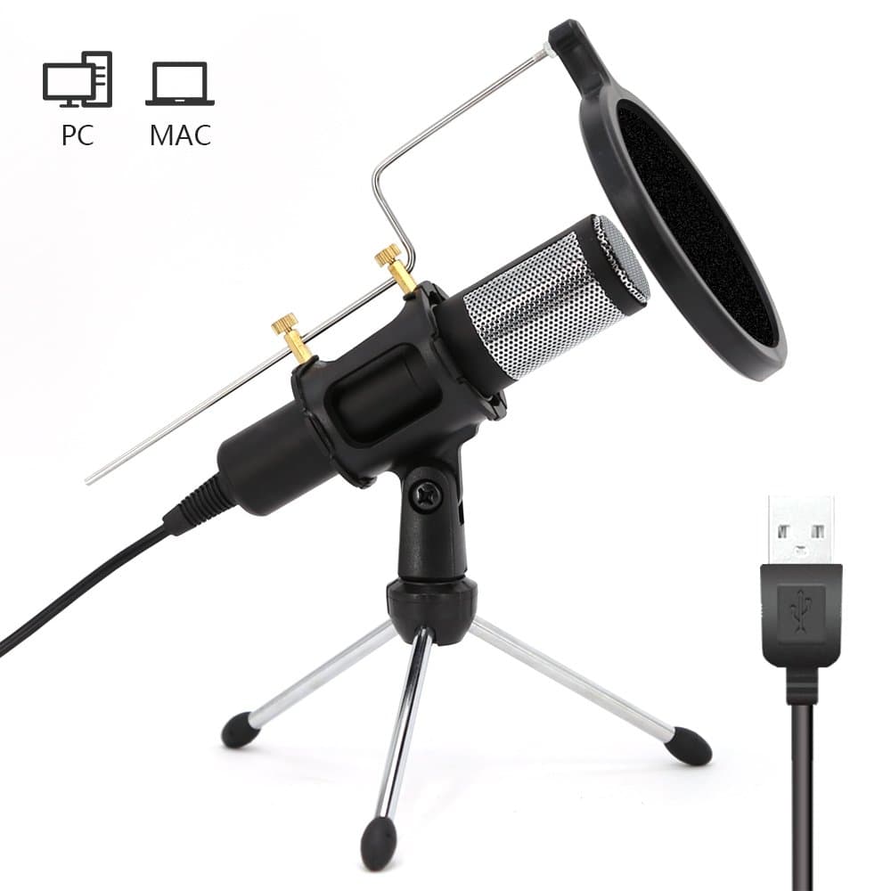 Home Studio USB Condenser Microphone with Mic Stand dual-layer acoustic popfilter for PC Recording,Live,Podcasting, Online Chatting, Mini Desktop MIC Stand