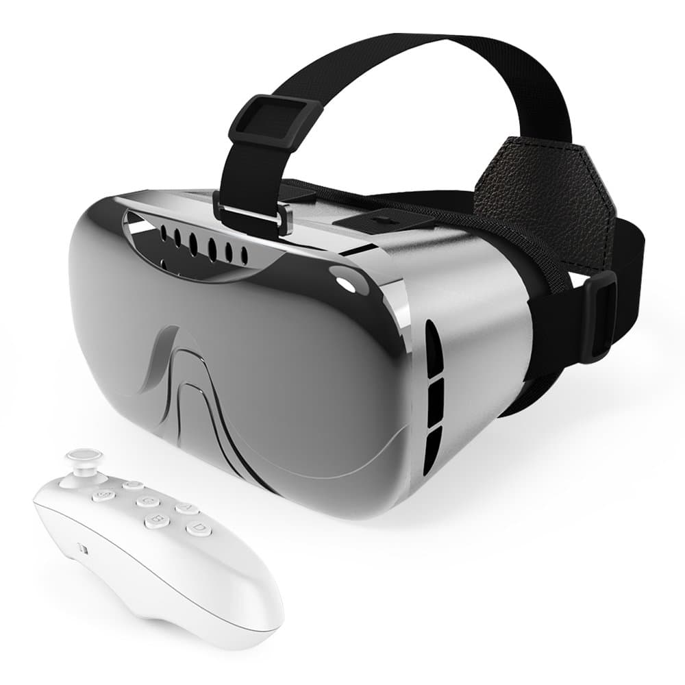 E T 3D VR Headset with Controller Metallic Plating 3d Virtual Reality Headsets Box for 3D Movie Video Games Compatible with 3.5"-6" Smartphone (Grey)