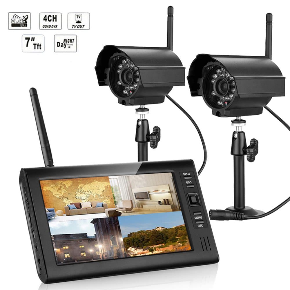 AmgBo 7" TFT LCD Digital 2.4G 4CH DVR Wireless Audio Video Baby Monitors Security System with 2pcs IR Cameras