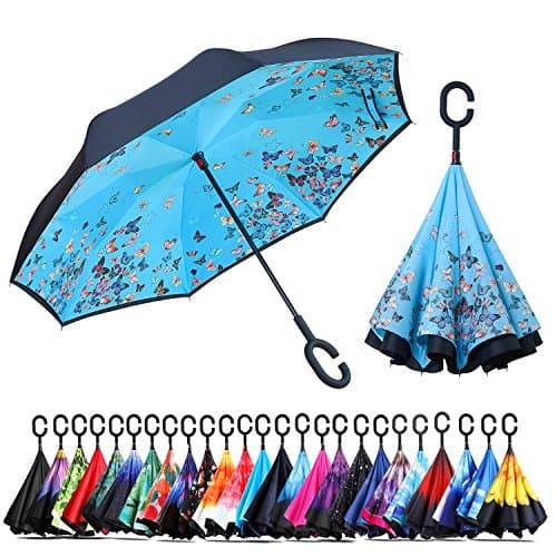 Owen Kyne Windproof Double Layer Folding Inverted Umbrella, Self Stand Upside-down Rain Protection Car Reverse Umbrellas with C-shaped Handle (Blue Butterfly)