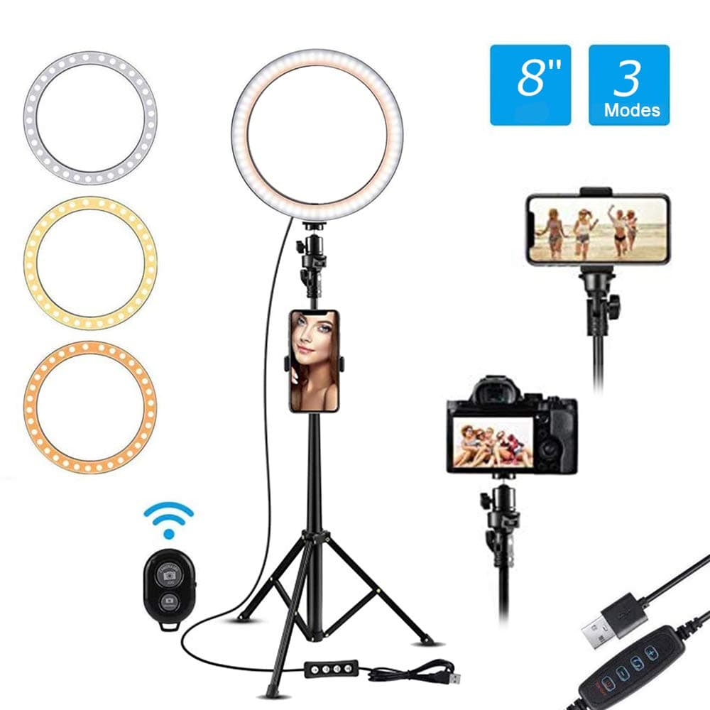 8" Selfie Ring Light with Adjustable Tripod Standing dimmable Camera Ring Light and Mobile Phone Holder for Live Stream YouTube Video Makeup Vlog Photography