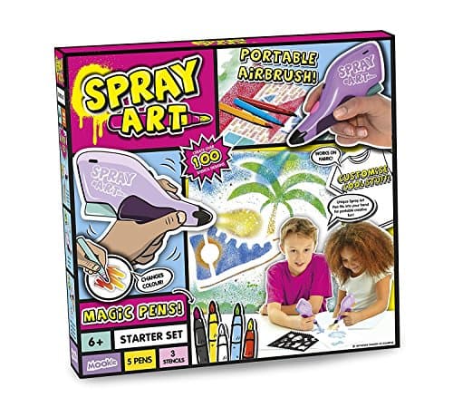 Spray Pen Starter Set easy to use and includes the spray art magic colour changing felt tipsContains 5 pens and 3 stencils (pets, alphabet &amp; food)