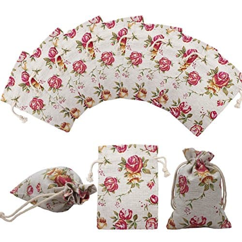 Peaver 30 pcs Rose Pattern Burlap Flower Double Drawstring Linen Gift Bags 3.7 x 5.2, Reuseable Jute Drawstring Bags for Jewelry Pouch,Wedding Parties,Birthday Parties,Gift/Candy Cream Jars Bags